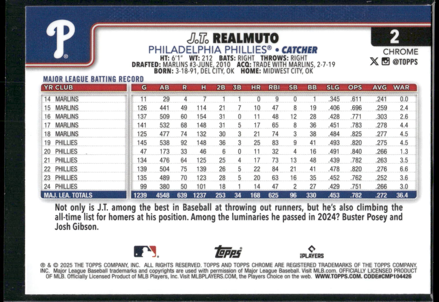 2025 Topps Chrome #2 J.T. Realmuto Sepia Refractors