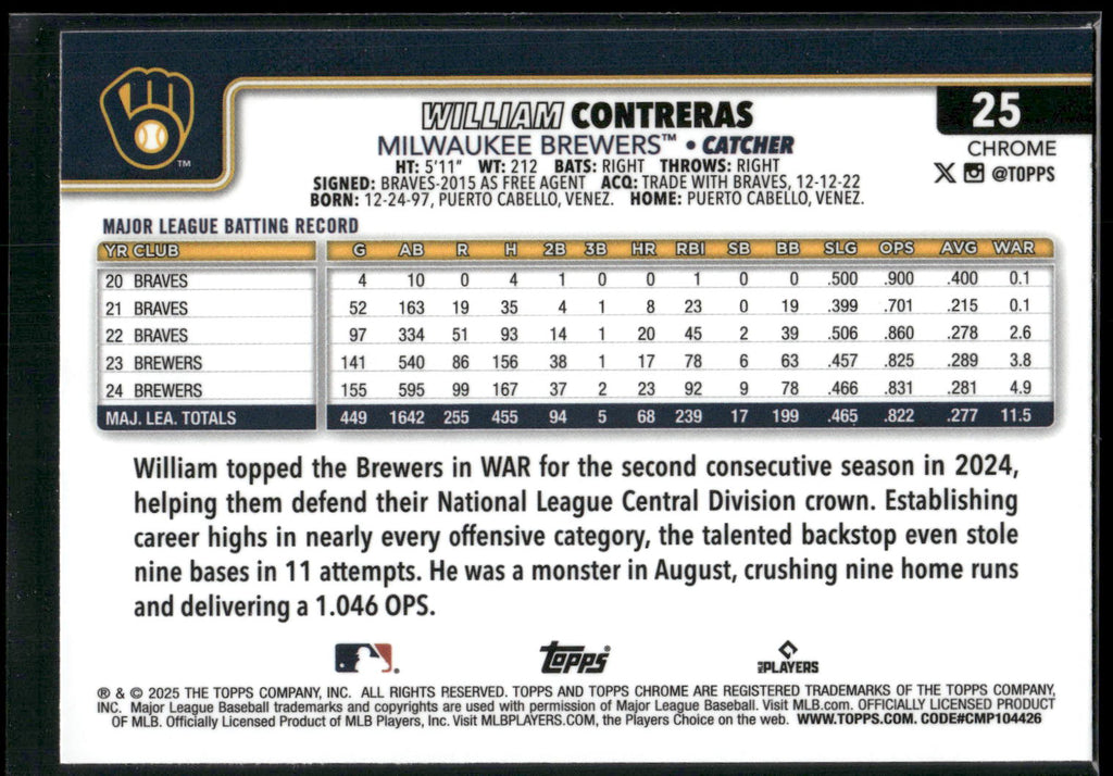 2025 Topps Chrome #25 William Contreras Sepia Refractors
