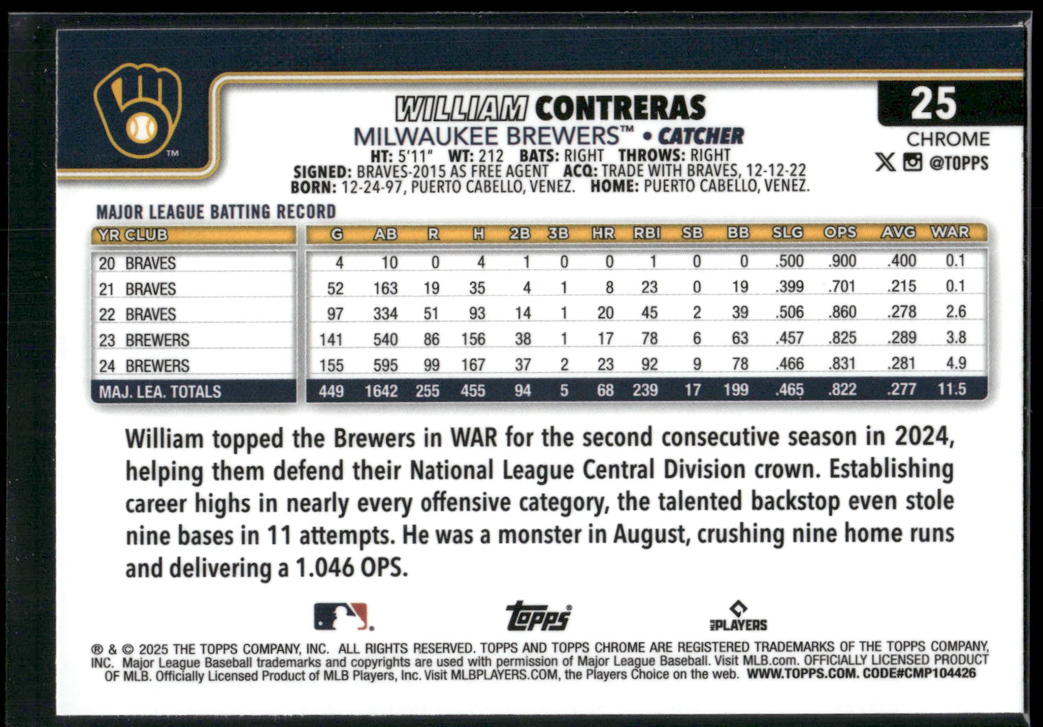 2025 Topps Chrome #25 William Contreras Sepia Refractors