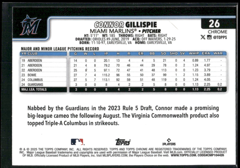 2025 Topps Chrome #26 Connor Gillispie Sepia Refractors
