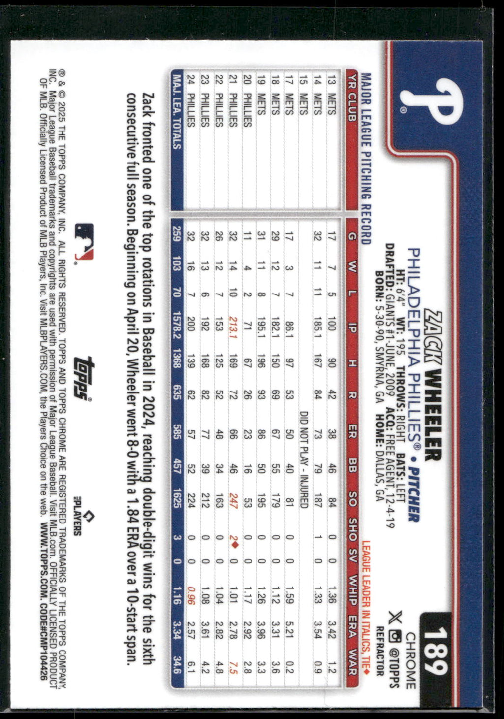 2025 Topps Chrome #189 Zack Wheeler