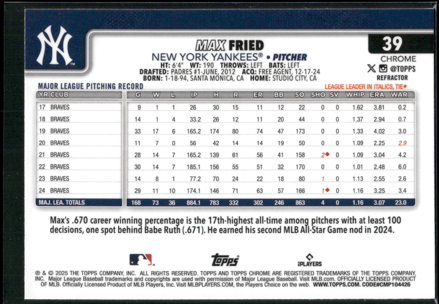 2025 Topps Chrome #39 Max Fried