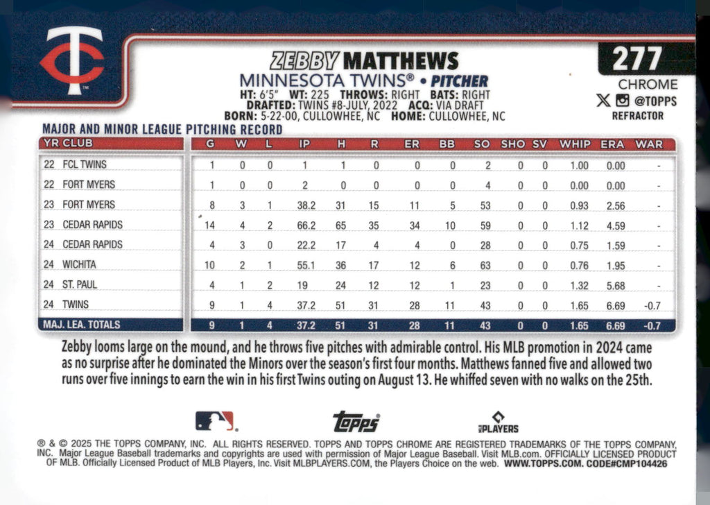 2025 Topps Chrome #277 Zebby Matthews