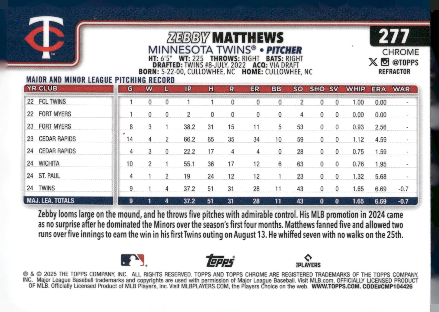 2025 Topps Chrome #277 Zebby Matthews