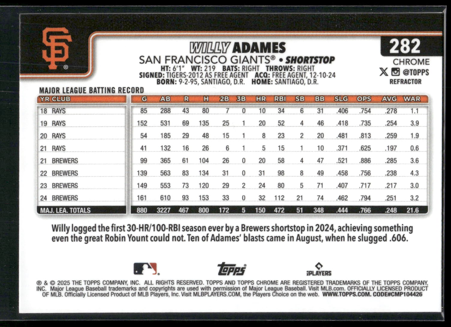 2025 Topps Chrome #282 Willy Adames