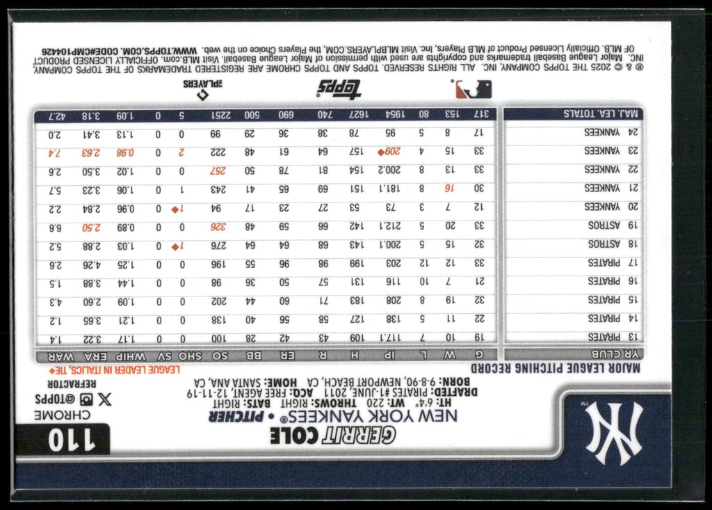 2025 Topps Chrome #110 Gerrit Cole