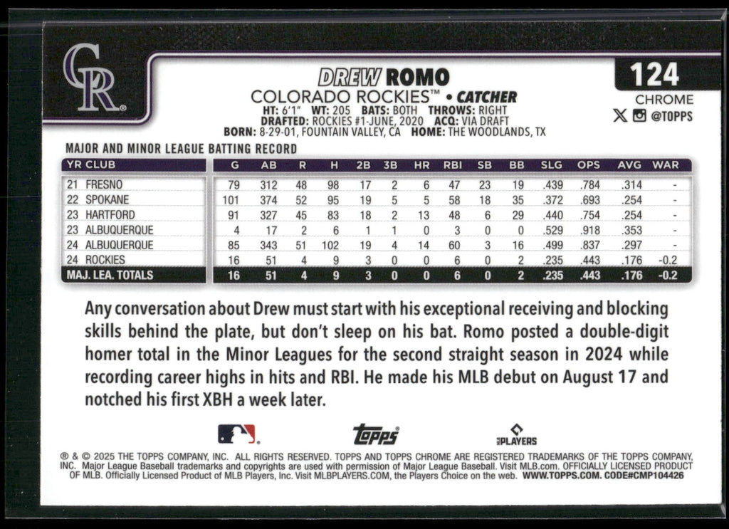 2025 Topps Chrome #124 Drew Romo RayWave Refractors