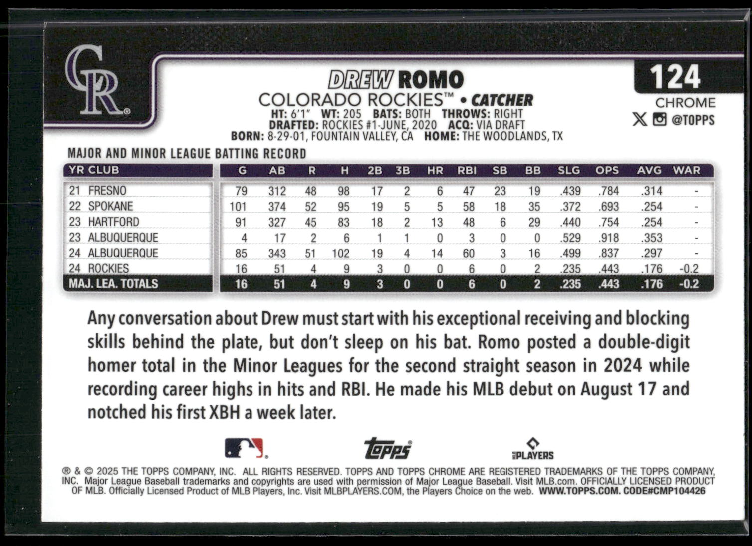 2025 Topps Chrome #124 Drew Romo RayWave Refractors