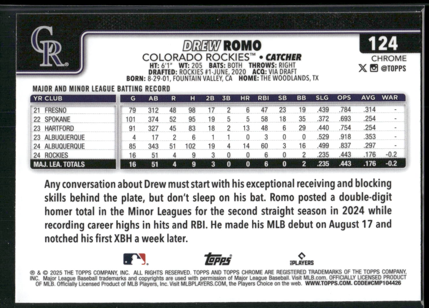 2025 Topps Chrome #124 Drew Romo RayWave Refractors