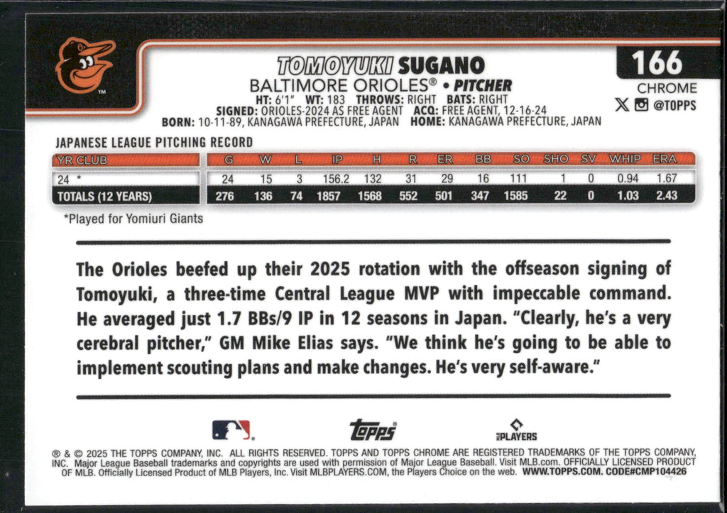 2025 Topps Chrome #166 Tomoyuki Sugano RayWave Refractors