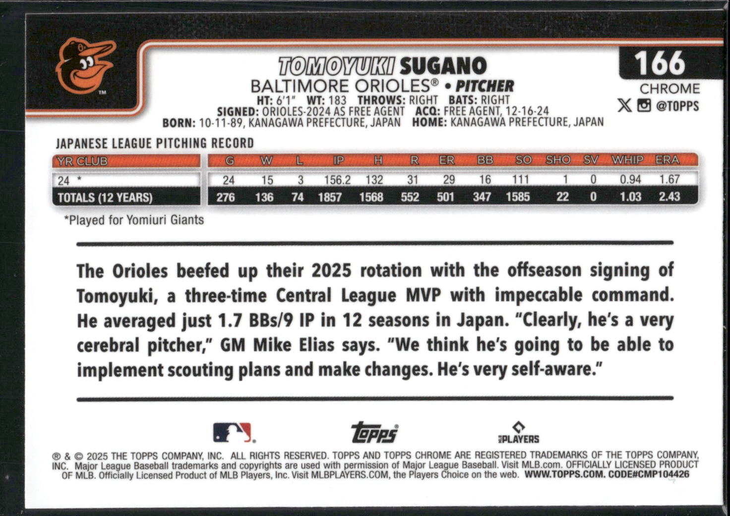 2025 Topps Chrome #166 Tomoyuki Sugano RayWave Refractors
