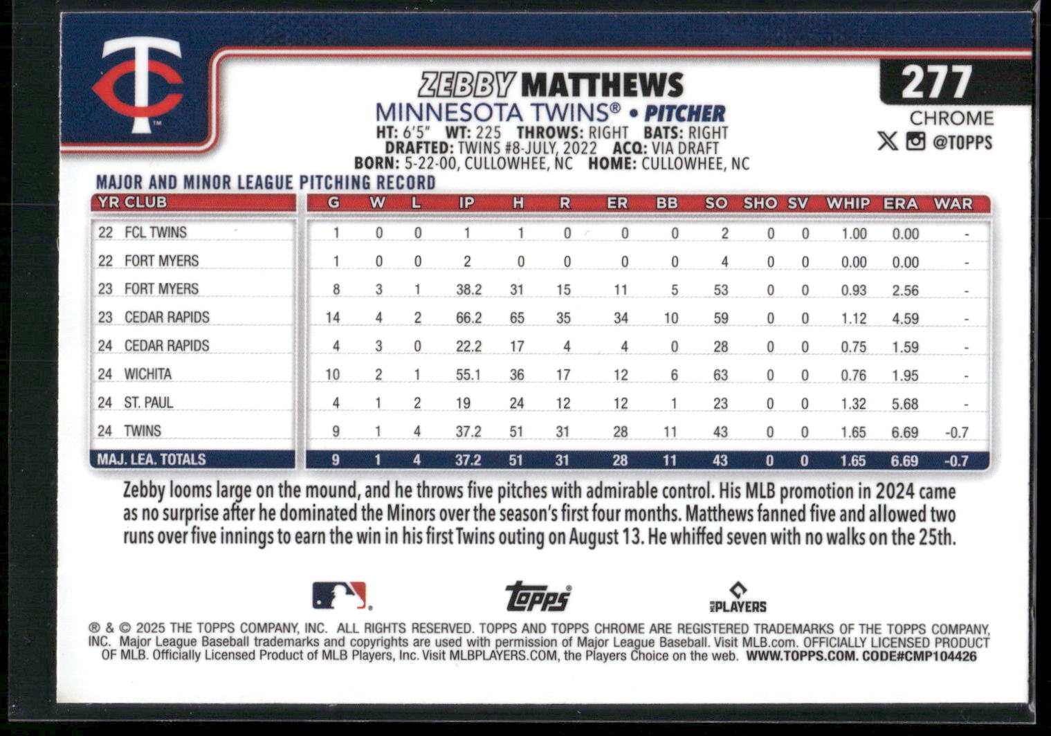 2025 Topps Chrome #277 Zebby Matthews RayWave Refractors