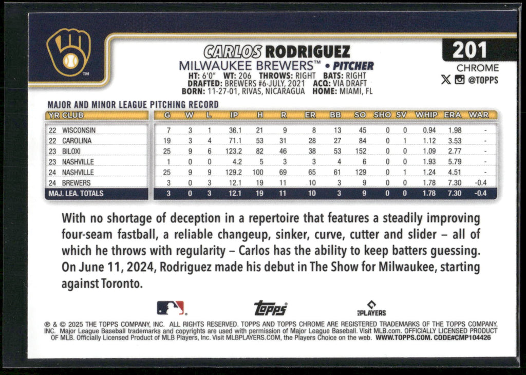 2025 Topps Chrome #201 Carlos Rodriguez RayWave Refractors