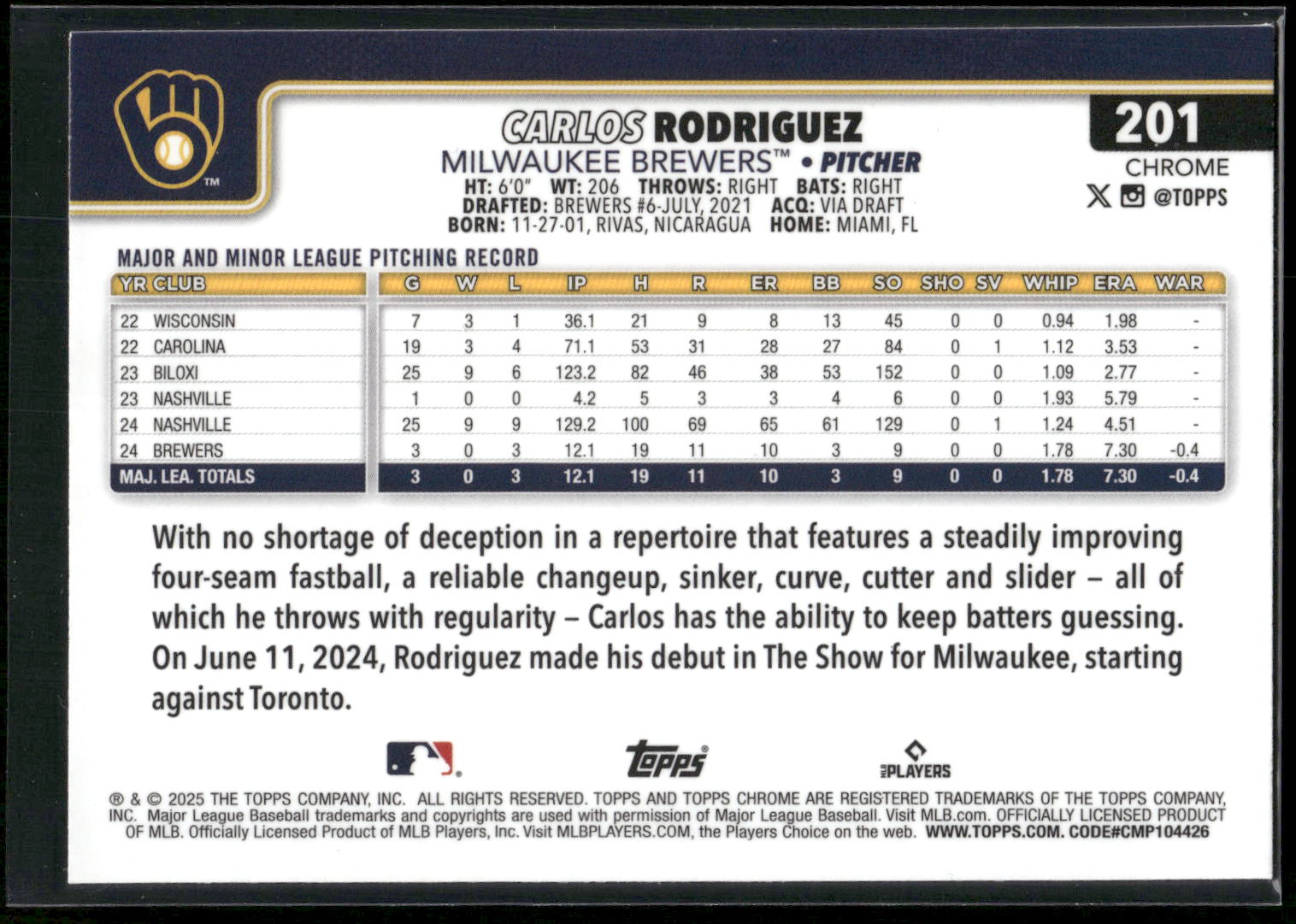 2025 Topps Chrome #201 Carlos Rodriguez RayWave Refractors
