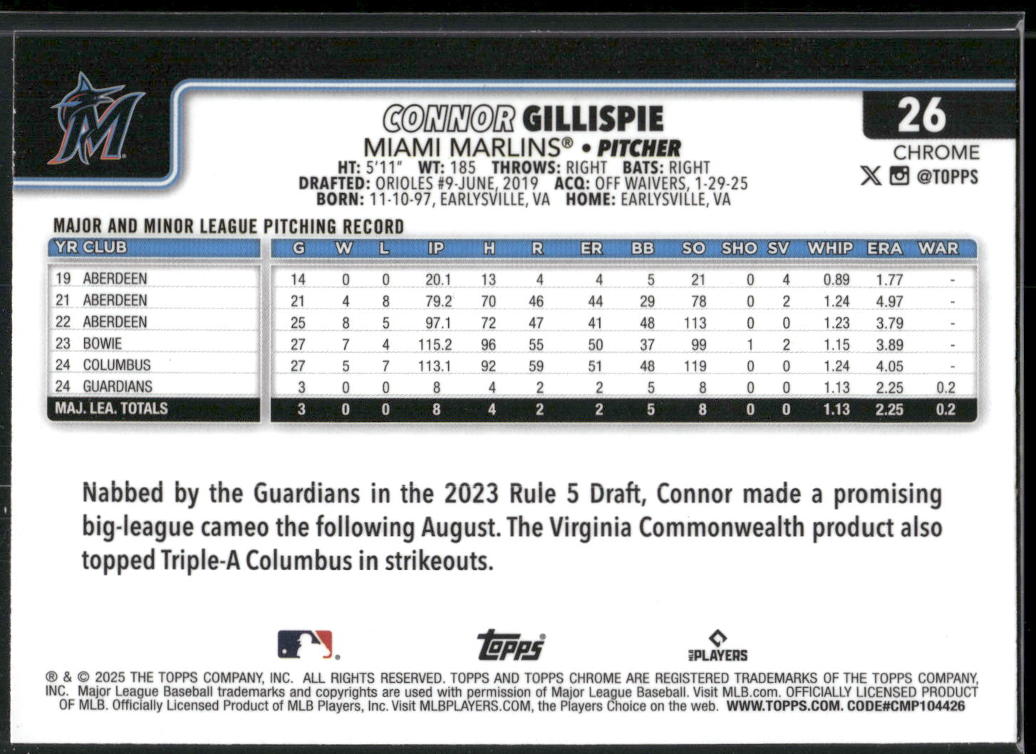 2025 Topps Chrome #26 Connor Gillispie RayWave Refractors