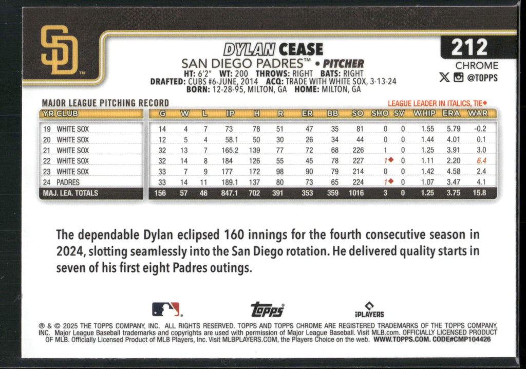 2025 Topps Chrome #212 Dylan Cease RayWave Refractors