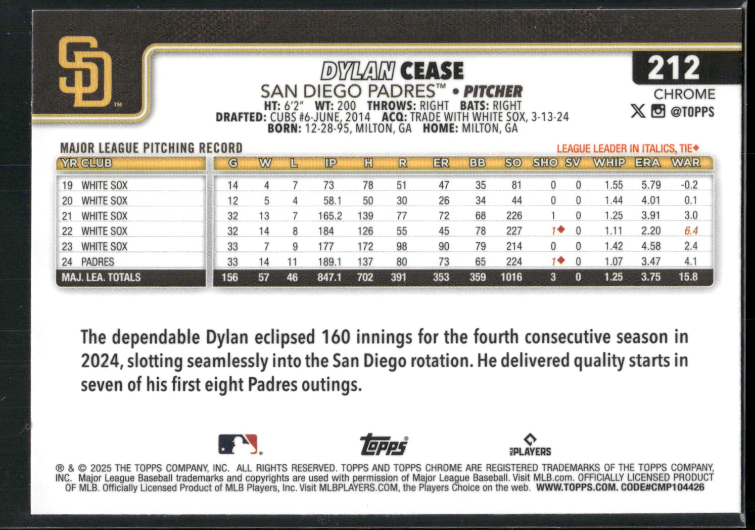 2025 Topps Chrome #212 Dylan Cease RayWave Refractors