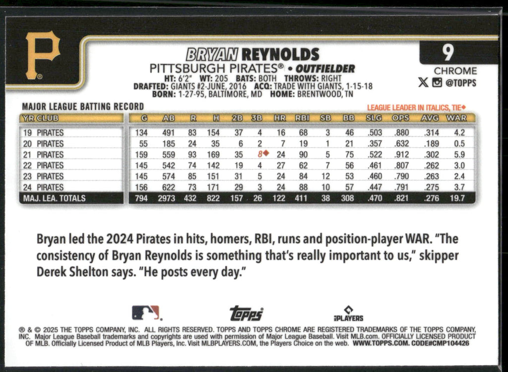 2025 Topps Chrome #9 Bryan Reynolds RayWave Refractors