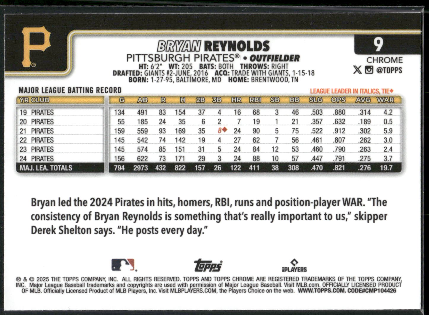 2025 Topps Chrome #9 Bryan Reynolds RayWave Refractors