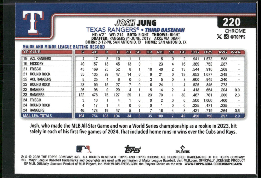 2025 Topps Chrome #220 Josh Jung RayWave Refractors