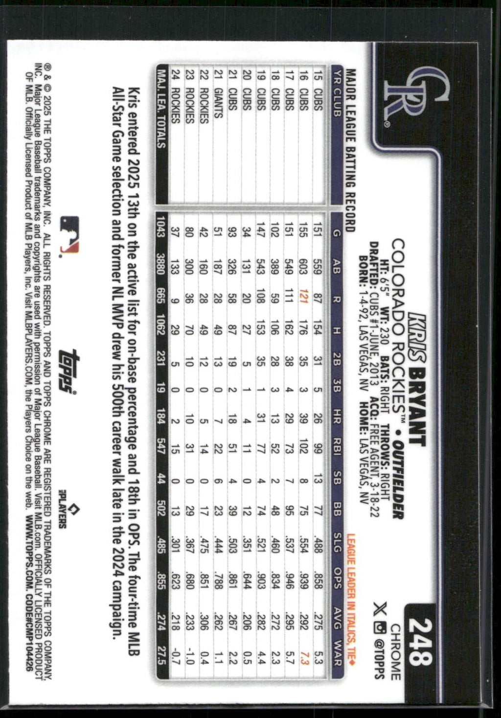 2025 Topps Chrome #248 Kris Bryant RayWave Refractors