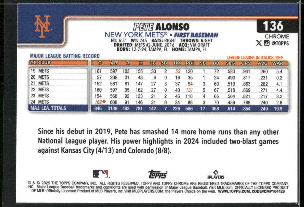 2025 Topps Chrome #136 Pete Alonso RayWave Refractors