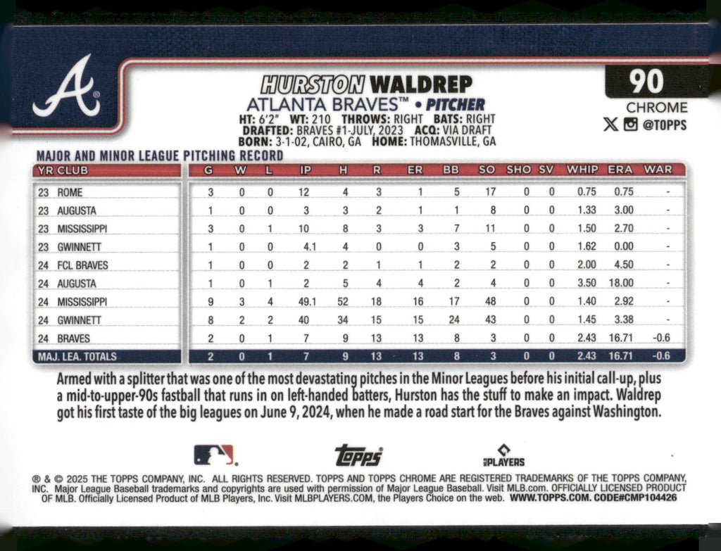 2025 Topps Chrome #90 Hurston Waldrep RayWave Refractors