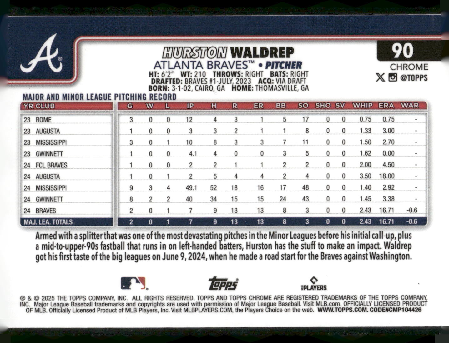2025 Topps Chrome #90 Hurston Waldrep RayWave Refractors