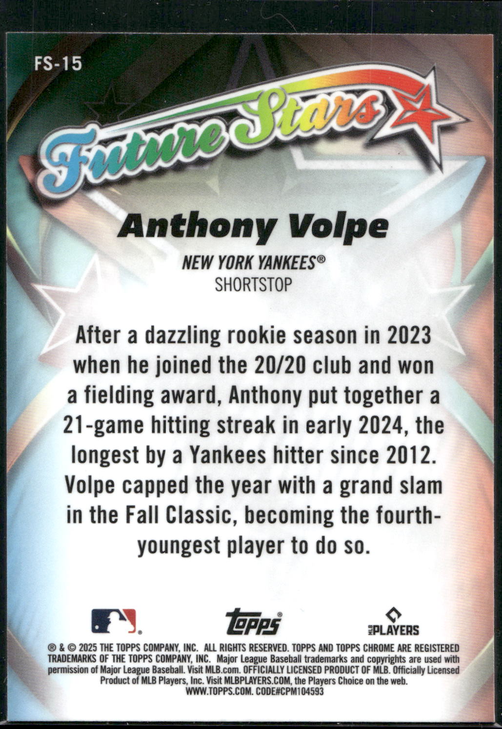 2025 Topps Chrome #FS-15 Anthony Volpe Future Stars