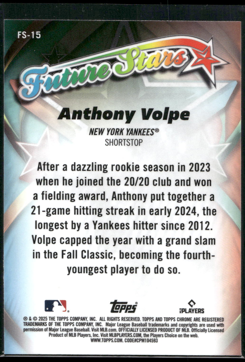 2025 Topps Chrome #FS-15 Anthony Volpe Future Stars