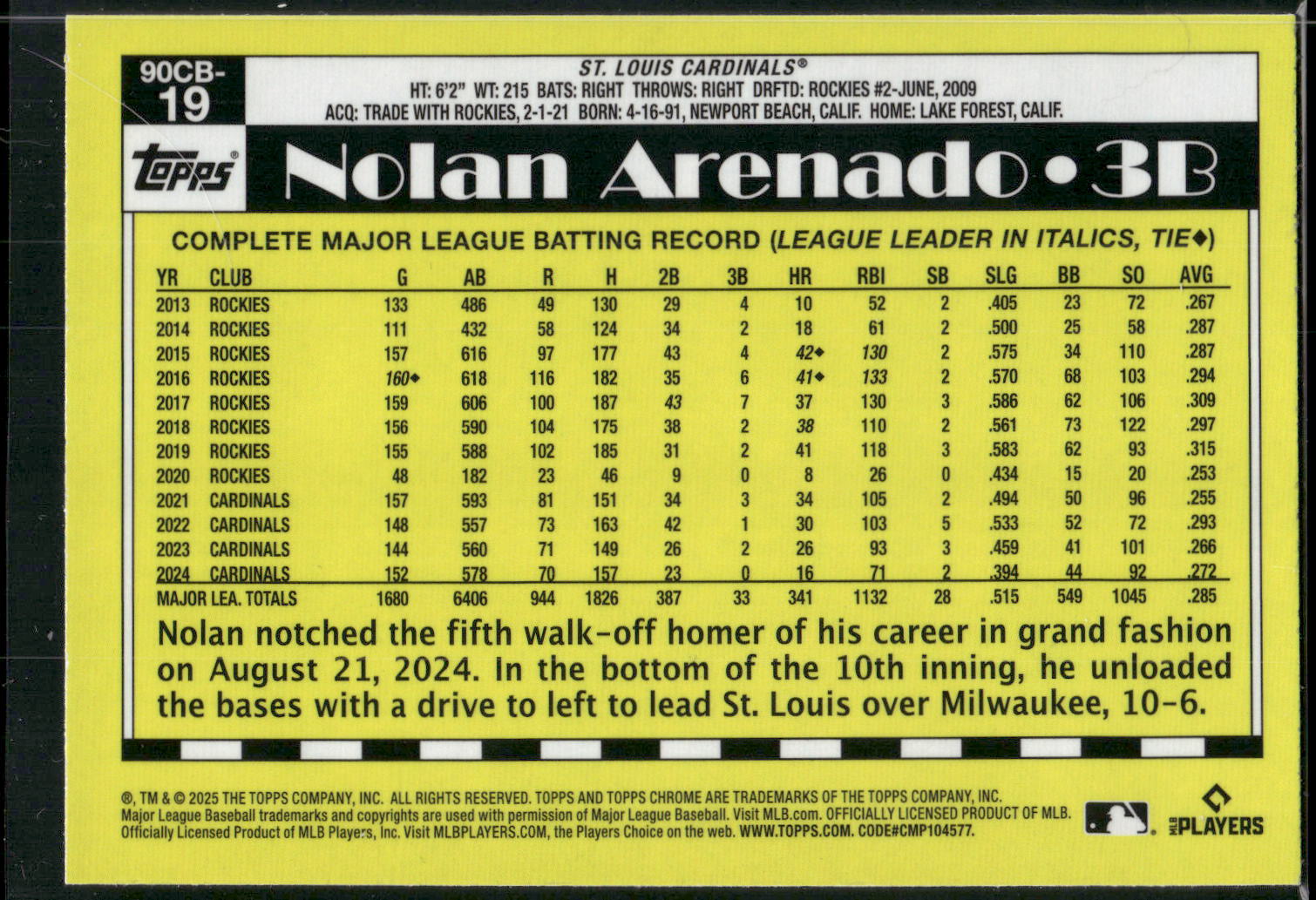 2025 Topps Chrome #90CB-19 Nolan Arenado 1990 Topps Baseball 35th Anniversary