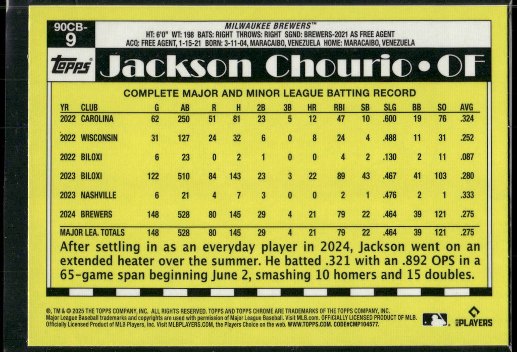 2025 Topps Chrome #90CB-9 Jackson Chourio 1990 Topps Baseball 35th Anniversary