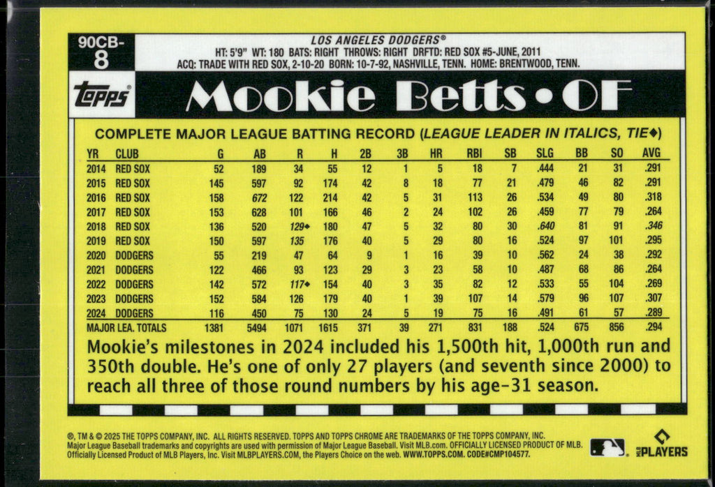 2025 Topps Chrome #90CB-8 Mookie Betts 1990 Topps Baseball 35th Anniversary