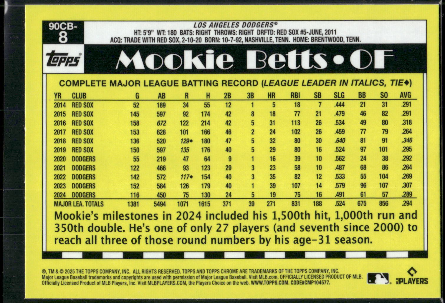 2025 Topps Chrome #90CB-8 Mookie Betts 1990 Topps Baseball 35th Anniversary