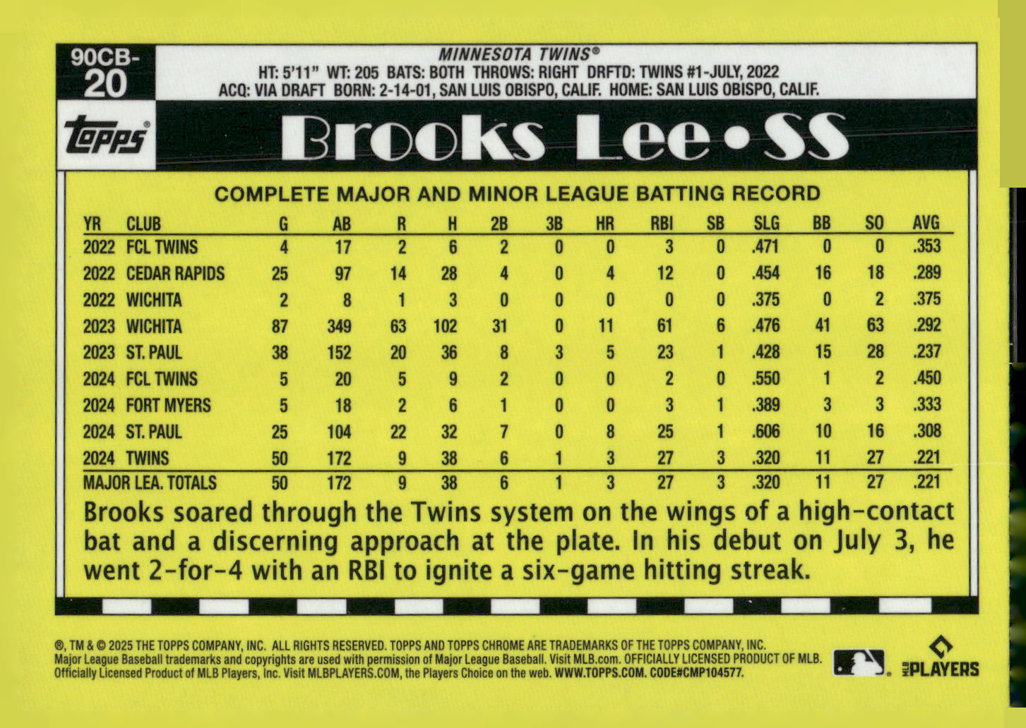 2025 Topps Chrome #90CB-20 Brooks Lee 1990 Topps Baseball 35th Anniversary