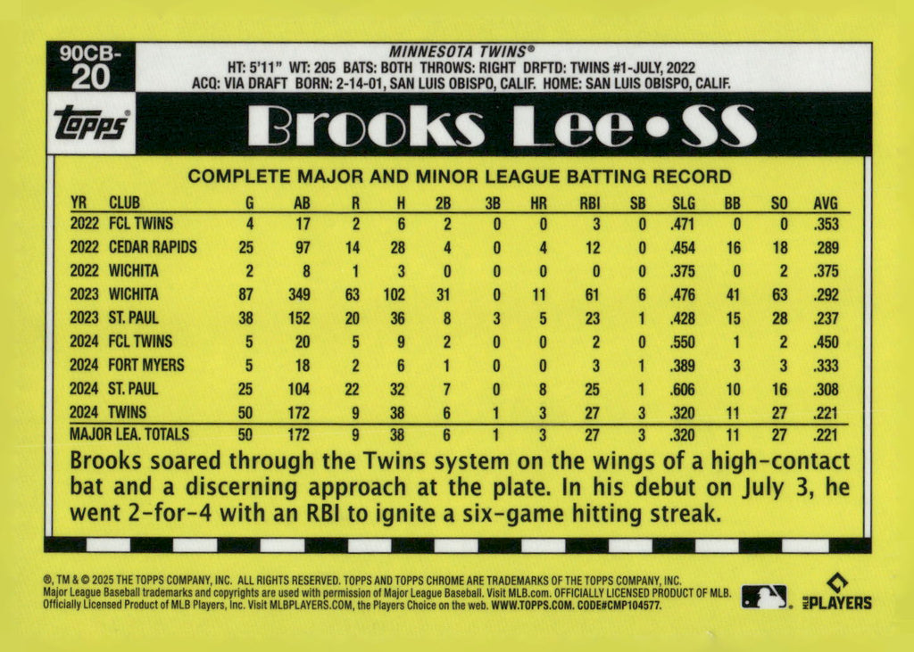 2025 Topps Chrome #90CB-20 Brooks Lee 1990 Topps Baseball 35th Anniversary