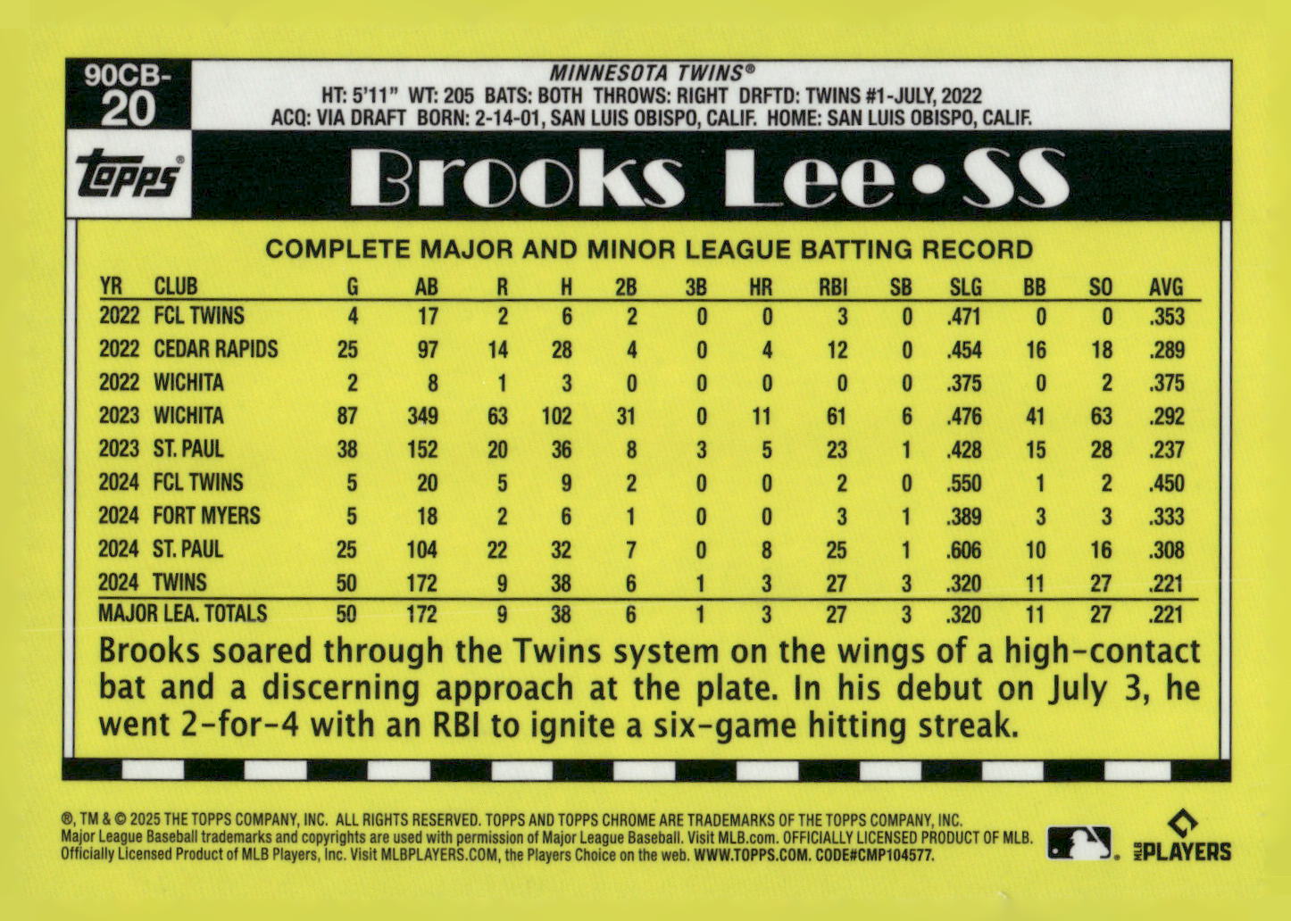 2025 Topps Chrome #90CB-20 Brooks Lee 1990 Topps Baseball 35th Anniversary
