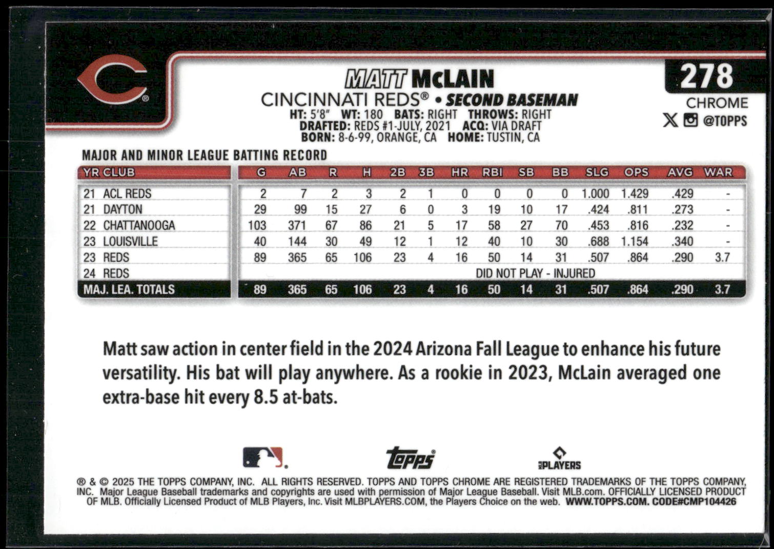 2025 Topps Chrome #278 Matt McLain Prism Refractors