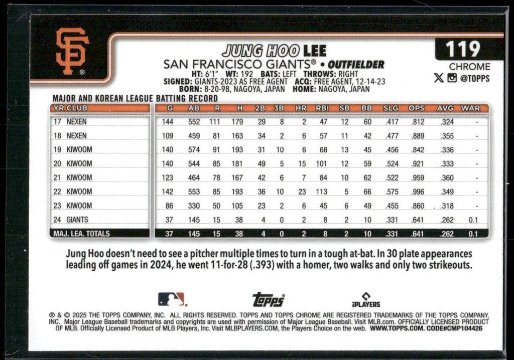 2025 Topps Chrome #119 Jung Hoo Lee Prism Refractors