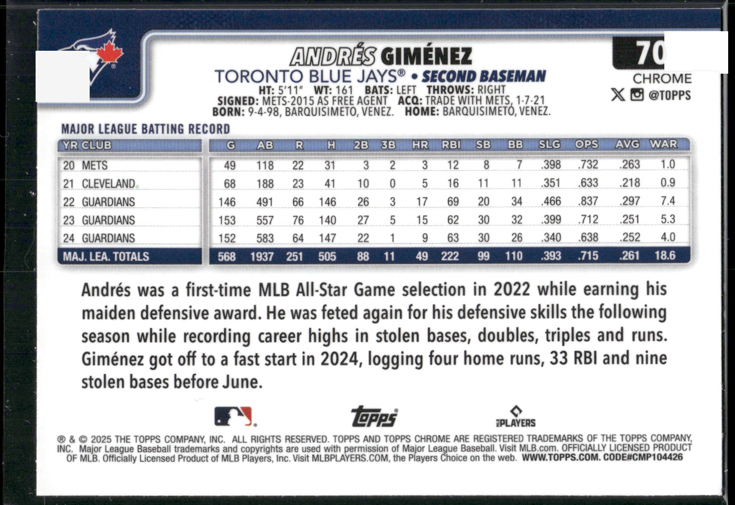 2025 Topps Chrome #70 Andrés Giménez Prism Refractors