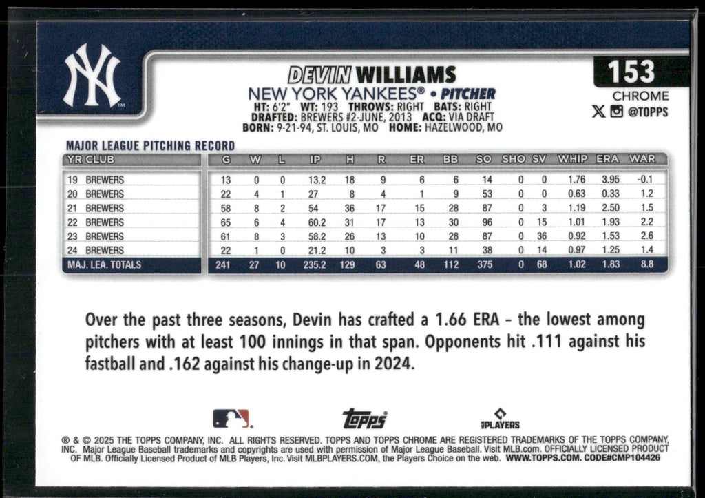 2025 Topps Chrome #153 Devin Williams Prism Refractors