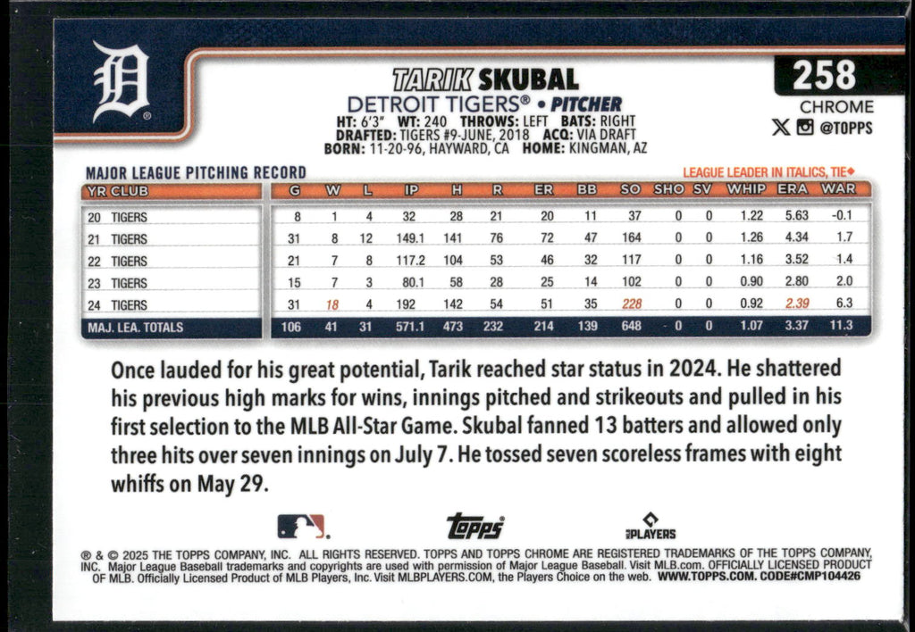 2025 Topps Chrome #258 Tarik Skubal Prism Refractors