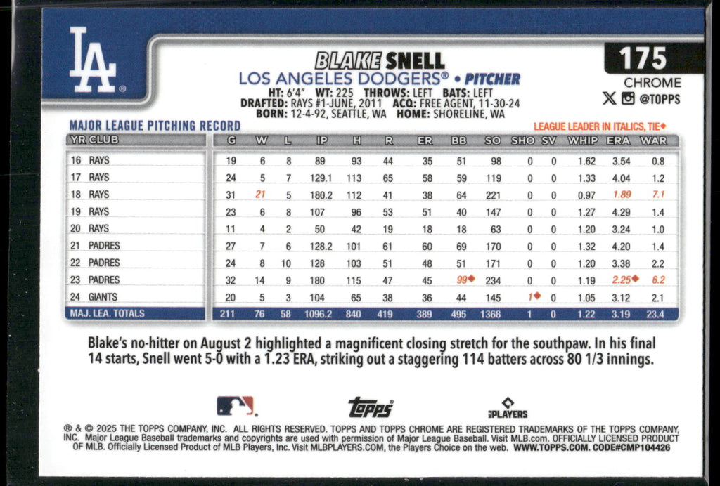 2025 Topps Chrome #175 Blake Snell Prism Refractors