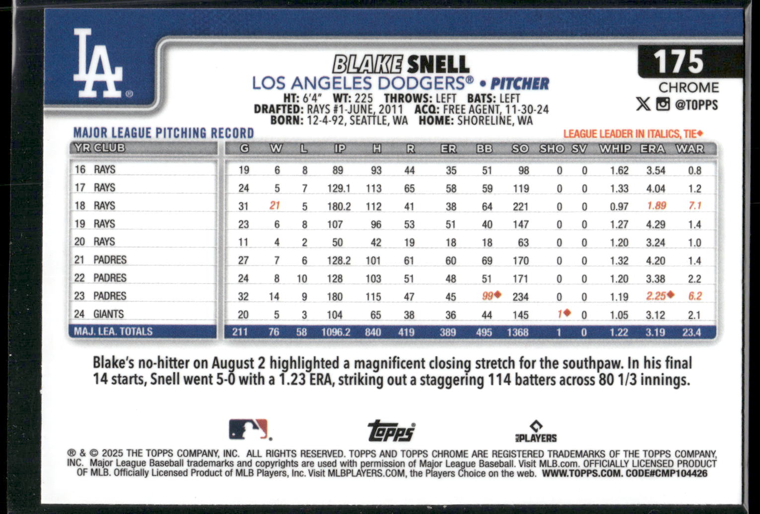 2025 Topps Chrome #175 Blake Snell Prism Refractors