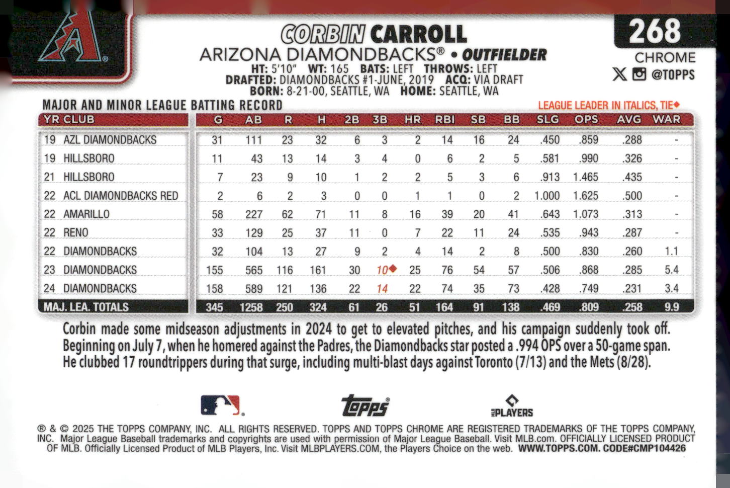 2025 Topps Chrome #268 Corbin Carroll X-Fractors