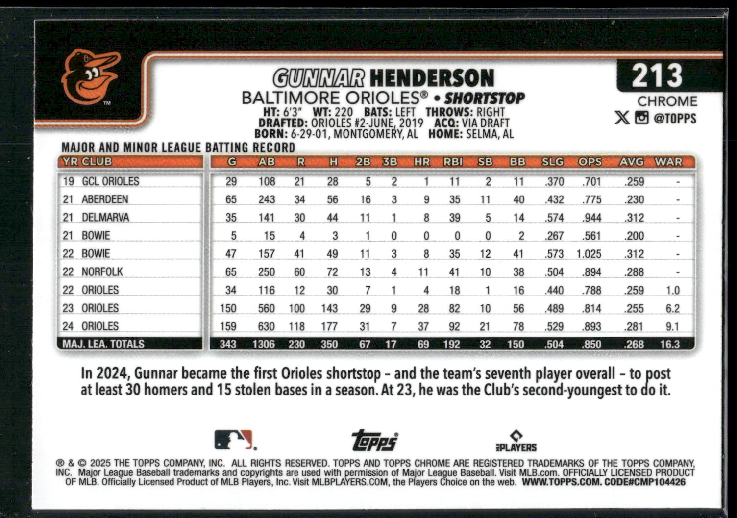 2025 Topps Chrome #213 Gunnar Henderson X-Fractors
