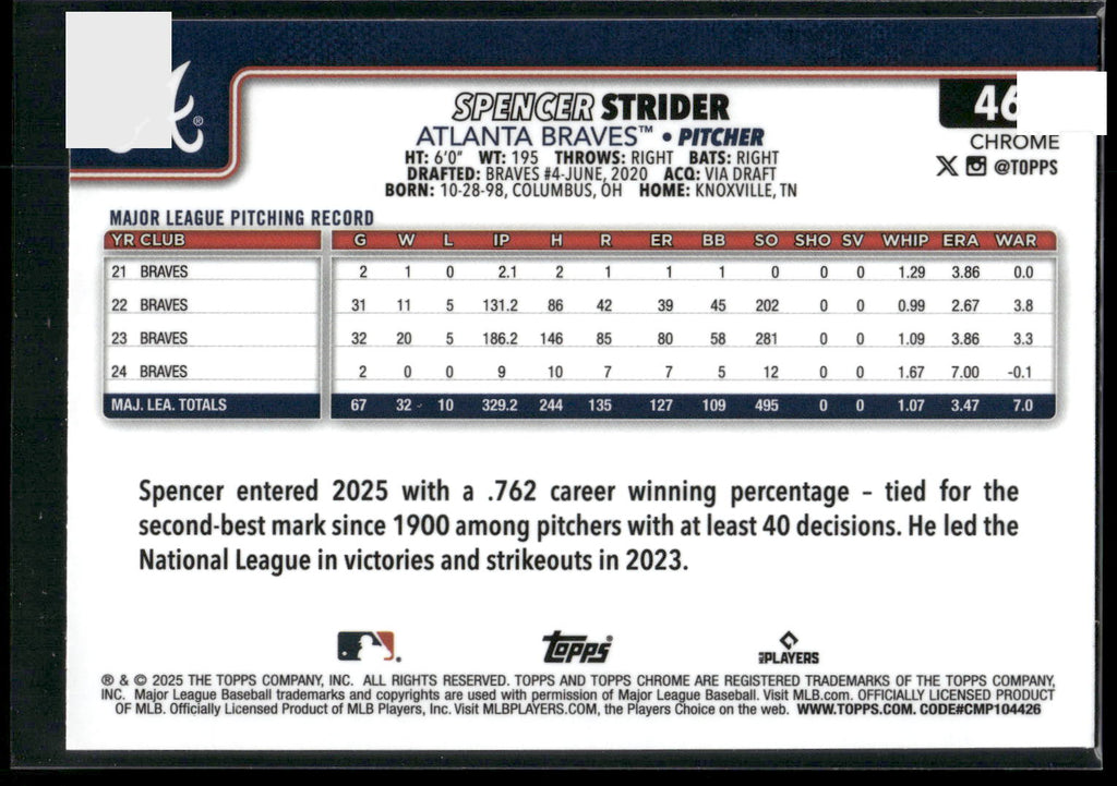 2025 Topps Chrome #46 Spencer Strider X-Fractors