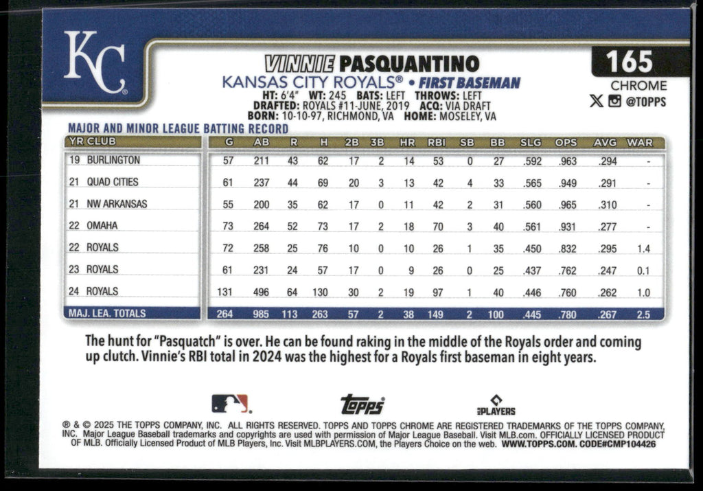 2025 Topps Chrome #165 Vinnie Pasquantino X-Fractors
