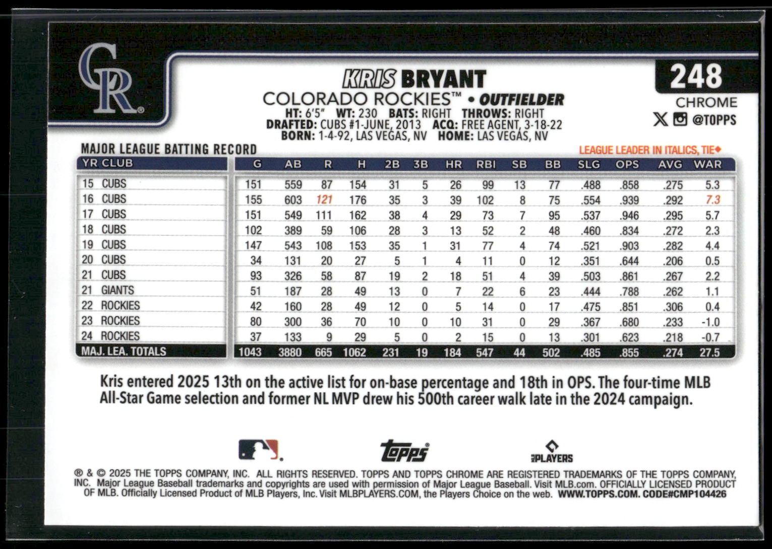2025 Topps Chrome #248 Kris Bryant X-Fractors