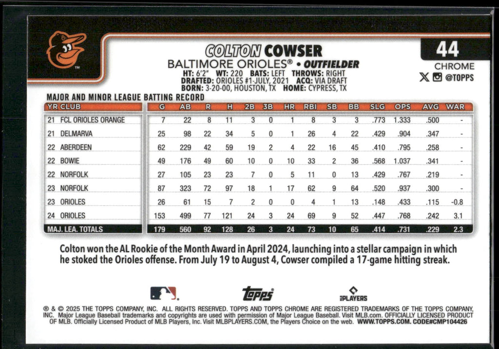2025 Topps Chrome #44 Colton Cowser X-Fractors